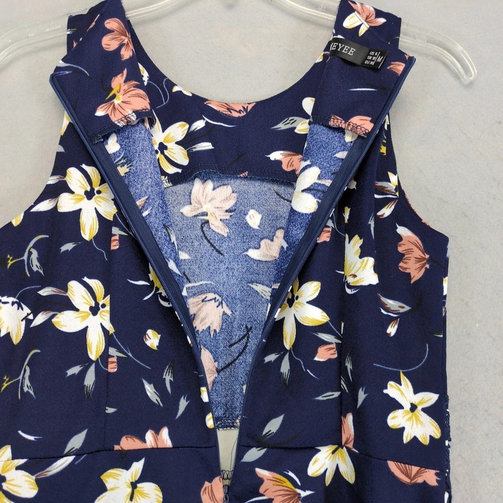 Homeyee Navy Floral Fit & Flare Knee Length Dress Sz M Crochet Lace Waist Panel - Picture 5 of 10